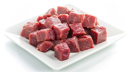 Poster - The beef is cut into cubes and placed on a white plate isolated on white : Generative AI