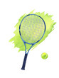 Watercolor set of tennis racket on green and ball. Hand drawn sports illustrations isolated on transparent.