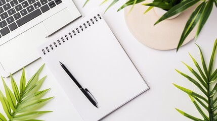 Poster - White office desk table with blank notebook pen and laptop computer Top view flat lay : Generative AI