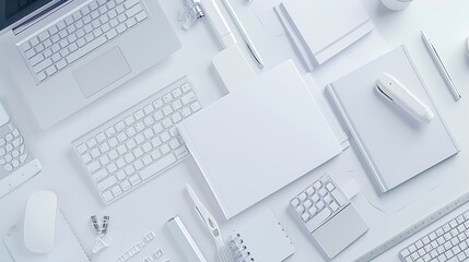 Aufkleber - White office desk table with blank notebook computer keyboard and other office supplies Top view with copy space flat lay : Generative AI
