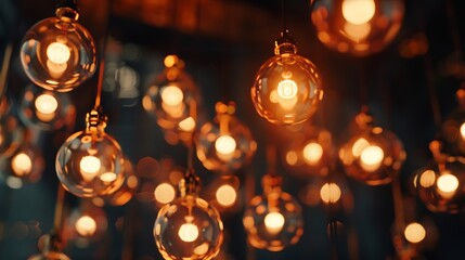 Poster - Classic sphere lighting bulbs are glowing in orange warming shade there are hanging from ceiling in dark environment Interior cozy style decoration Closeup and selective focus : Generative AI