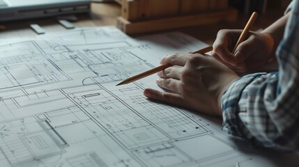 Aufkleber - A closeup an architect a house designer holding a pencil pointing to a house plan to examine the design plan before discussing the details with the client Interior design and decoratio : Generative AI