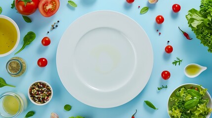 Poster - Fresh delicious salad and dressing ingredients around empty white plate on light blue background top view frame Health salad making Flat lay of healthy  lifestyle or detox diet food  c : Generative AI