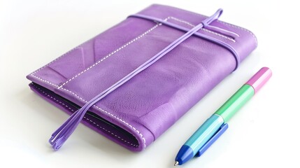 Poster - Purple notebook with pencil case pen and marker isolated on white background : Generative AI