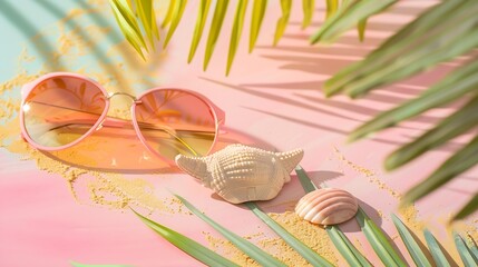 Womens accessories items on pastel colors background Summer vacation concept : Generative AI