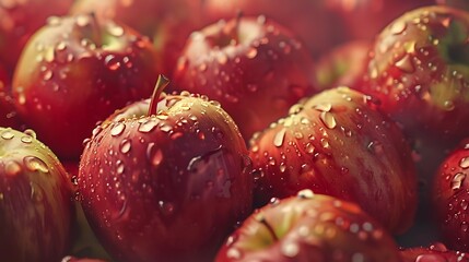Poster - many red ripe apples closeup with water drops : Generative AI
