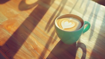 Poster - Turquoise mug of flat white coffee with heart shaped latte art on wooden table at the hipster coffee shop  Vintage color filter effect Flat lay copyspace : Generative AI