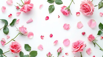 Poster - frame with pink roses branches leaves and petals isolated on white background flat lay overhead view : Generative AI