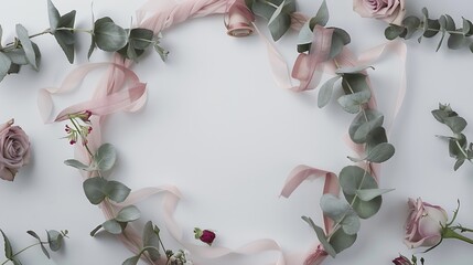 Poster - empty wreath frame with roses eucalyptus branches leaves and spool with ribbon isolated on white background flat lay overhead view : Generative AI