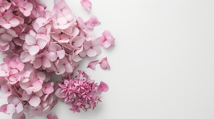 Poster - Floral arrangement with small pink Hydrangea flowers natural floral flat lay in summer seasonal style Minimal monochrome top view with copy space : Generative AI