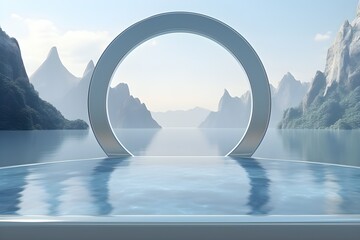 Poster - 3d illustration of a marble   circle podium stand on the nature  background . 3d rendering. Minimalism geometry background , generated by AI.