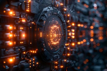Poster - An intricate design of a technological hub with glowing orange lights, depicting advanced machinery and circuitry