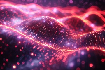 Poster - This abstract art shows glowing waves made up of small particles, creating a digital sea of lights and colors
