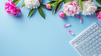 Aufkleber - Flat lay home office workspace background with white modern keyboard notebook and peony flowers copy space on blue background banner : Generative AI