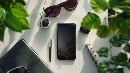 Poster - Flat lay photography with smart phone earphone notebook and pen camera sunglasses and garden tree : Generative AI