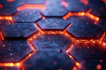 Poster - Close up of hexagonal geometric shapes with a depth of field and a neon glow symbolizing technology or futuristic concepts