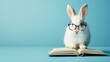 White rabbit wearing glasses with a book on a blue background