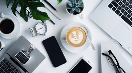 Poster - White hipster office desk table with computer supplies smartphone cup of coffee and office things Top view with copy space flat lay : Generative AI