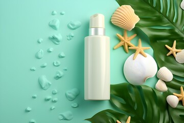 Poster - flat composition of cosmetics, white jar with sea elements, created by AI. 3D illustration