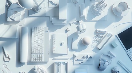 Aufkleber - top view of White office desk table with a lot of things on it : Generative AI