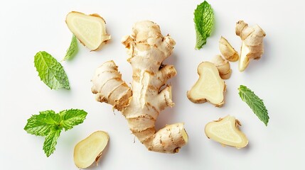 Poster - Ginger root with sliced and mint leaf isolated on white background  top view  flat lay : Generative AI