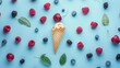 Forest fruit with ice cream cone on blue pastel background Flat lay Summer concept : Generative AI