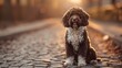 Close up of poised spanish water dog on a cobblestone path showcasing its curly brown and white coat looking at camera with a happy demeanour : Generative AI