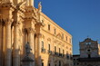 The sunset at Piazza del Duomo (Duomo Square), with the Duomo Cathedral, Ortigia Island, Syracuse, Sicily, Italy