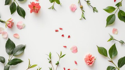Poster - frame with flowers branches leaves and petals isolated on white background flat lay overhead view : Generative AI