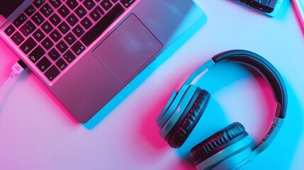 Aufkleber - Smartphone headphones and computer keyboard on pink and blue background Technology : Generative AI