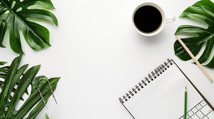 Poster - Flat lay top view office table desk Workspace with blank clip board keyboard office supplies pencil green leaf and coffee cup on white background : Generative AI