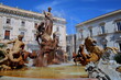 Artemis fountain (or Diana fountain, dating from 1906) located on Piazza Archimede (Archimede square) in Ortigia Island, Syracuse, Sicily, Italy