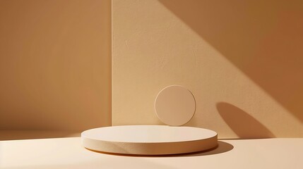 Poster - Blank round geometric shape podium platform on paper cut abstract minimal geometric shape light brown background Top view mock up for product display : Generative AI