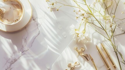 Aufkleber - Wildflowers bouquet coffee cup golden pen clips and accessories Styled flat lay mockup : Generative AI
