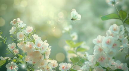  A serene springtime scene with delicate white blooms and gentle butterflies, creating a dreamy, pastel-toned backdrop, evoking the fresh, hopeful essence of spring
