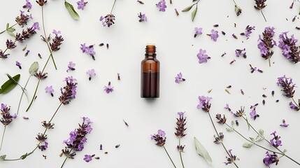Poster - Lavender essential oil in bottle fresh flowers and leaves isolated on white background Creative layout Top view flat lay Alternative medicine concept Design element : Generative AI