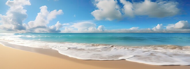 Wall Mural - Tranquil sea mirrors the clear blue sky with white clouds above a sandy beach.