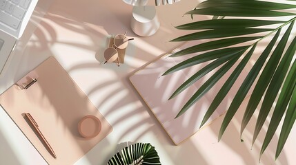 Aufkleber - Home office workspace mockup with laptop clipboard palm leaf notebook and accessories Flat lay top view : Generative AI
