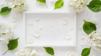 Wall Mural - flat lay frame with craft box white hydrangea branches leaves and petals isolated on white background top view : Generative AI
