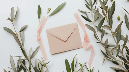 Aufkleber - Summer wedding stationery mockup scene Blank vertical greeting card craft paper envelope and olive branches isolated on white table background Feminine Mediterranean flat lay top view : Generative AI