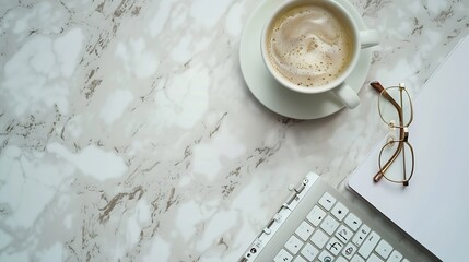 Aufkleber - Home office desk table with keyboard coffee cup eyeglasses paper notebooks on marble background Flat lay top view : Generative AI