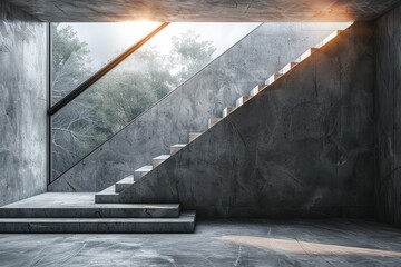 Poster - The stark angles of a modern concrete stairway are softly illuminated by sunlight streaming through an overhead skylight