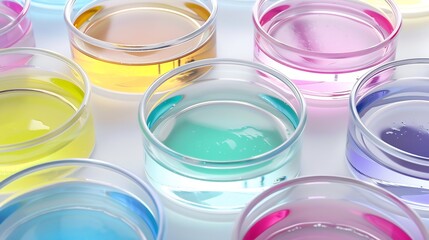 Aufkleber - Petri dish Petri cups with liquid Kit Chemical elements oil cosmetics Gel water molecules viruses Closeup On a white background : Generative AI