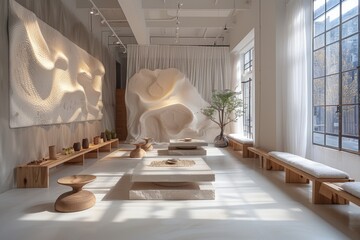 Poster - The well-lit interior showcases abstract wooden sculptures creating an atmosphere of artistic sophistication and nature