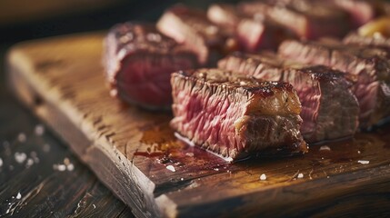 Modern style traditional barbecue dry aged wagyu porterhouse beef steak bistecca alla Fiorentina sliced and served as closeup on a wooden design board : Generative AI