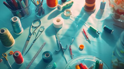 Poster - Sewing flat lay Sewing kit needles threads buttons wire cutters scissors tape measure Content for sewing workshops ateliers for tailoring clothes : Generative AI