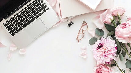 Aufkleber - Stylized womens desk office desk Workspace with laptop bouquet dahlias roses clipboard Womens fashion accessories isolated on white background Flat lay Top view : Generative AI