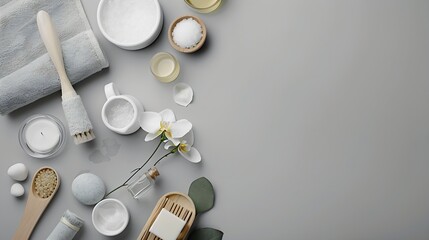 Poster - Various spa related objects on gray background top view Body and skin care flat lay with copy space Beauty care concept : Generative AI