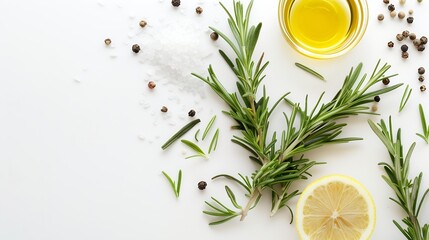 Aufkleber - Bunch of green fresh rosemary with pepper salt lemon and oil on the light white background Herbs and spices for recipes Top view with copy space : Generative AI