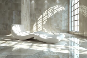 Poster - A concept of minimalism and futuristic design captured through a white lounge chair in a marble hall